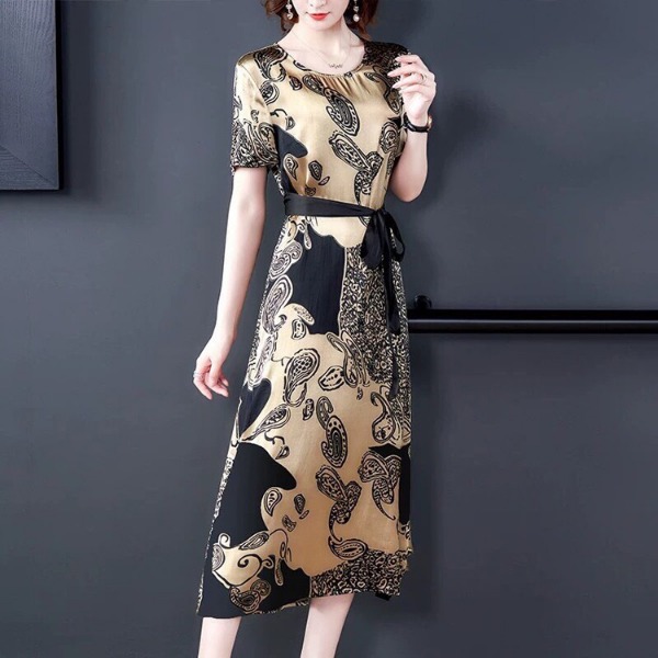 Đầm lụa họa tiết thắt nơ eo