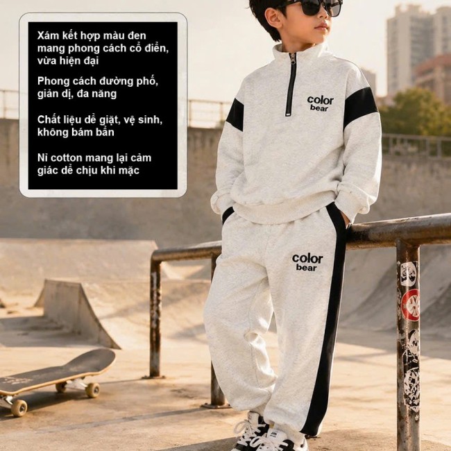 Bộ Nỉ Cotton Thu Đông Cho Bé Trai Bé Gái Phong Cách Thể Thao 