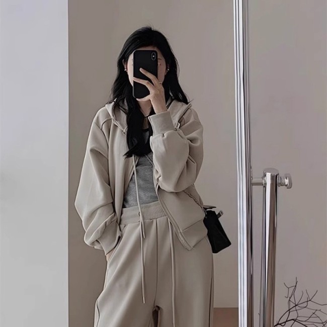 Set Bộ Thu Đông Nữ Thun Da Cá Dày Dặn Áo Hoodie Zip Có Mũ Kèm Quần Suông Cạp Thun Năng Động (Màu Đen