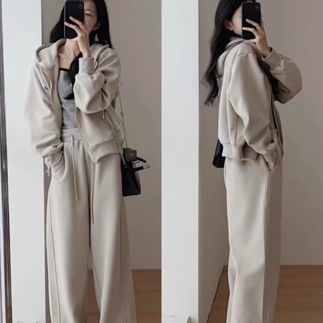 Set Bộ Thu Đông Nữ Thun Da Cá Dày Dặn Áo Hoodie Zip Có Mũ Kèm Quần Suông Cạp Thun Năng Động (Màu Đen