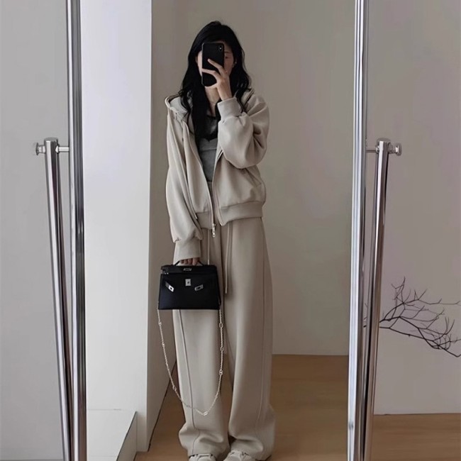 Set Bộ Thu Đông Nữ Thun Da Cá Dày Dặn Áo Hoodie Zip Có Mũ Kèm Quần Suông Cạp Thun Năng Động (Màu Đen