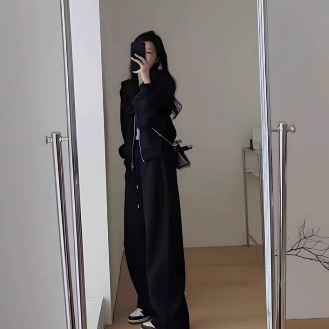 Set Bộ Thu Đông Nữ Thun Da Cá Dày Dặn Áo Hoodie Zip Có Mũ Kèm Quần Suông Cạp Thun Năng Động (Màu Đen
