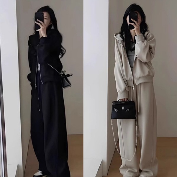 Set Bộ Thu Đông Nữ Thun Da Cá Dày Dặn Áo Hoodie Zip Có Mũ Kèm Quần Suông Cạp Thun Năng Động (Màu Đen