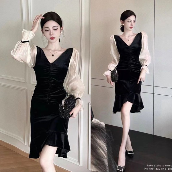 Đầm nhung đuôi cá phối cườm