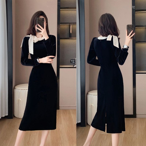 Đầm nhung cổ phối nơ
