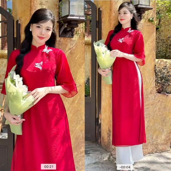 Set áo dài 4 tà thêu họa tiết