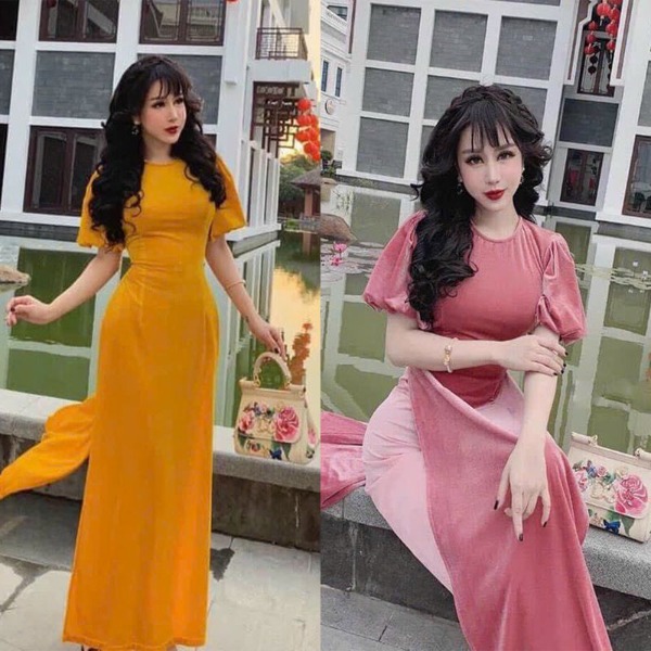Set áo dài lụa tay bồng