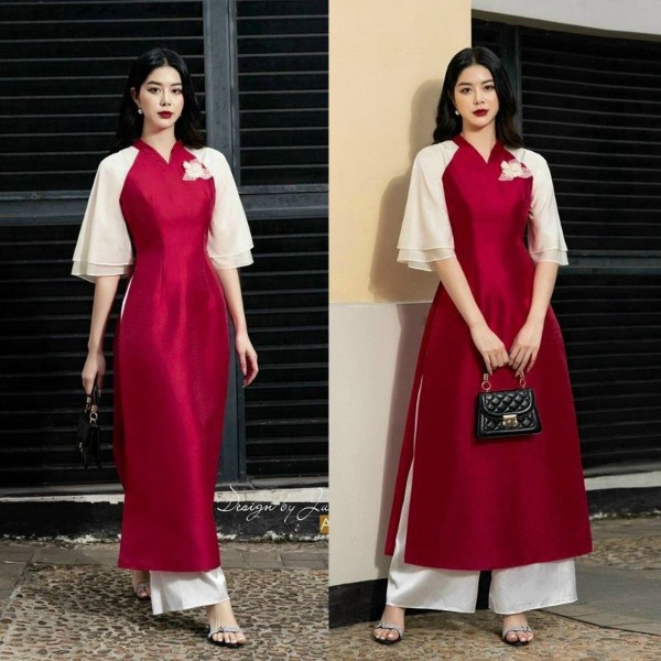 Set áo dài tay voan cổ chữ V