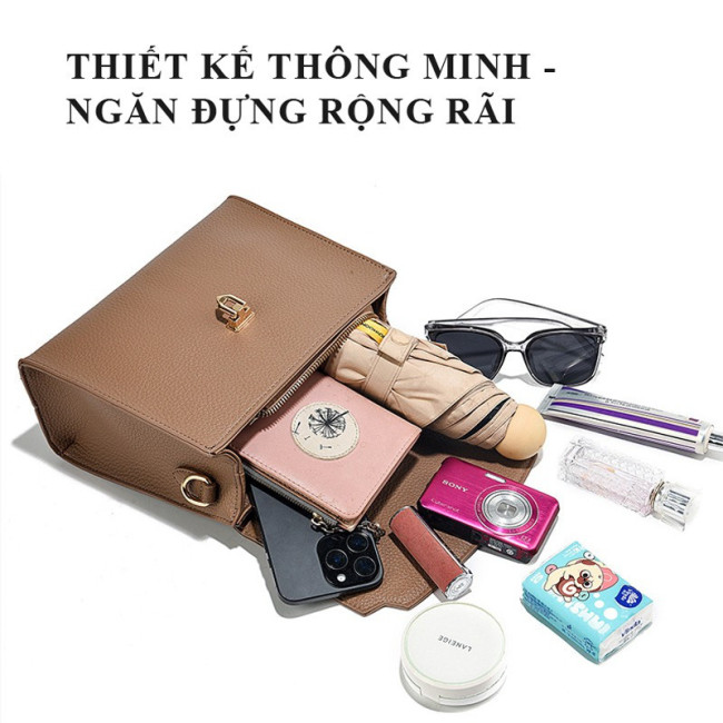 Túi xách tay da bò cao cấp kiểu hộp nắp gập – Nâu thời thượng 