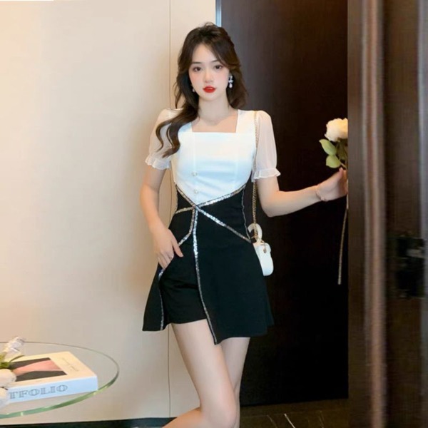 Set áo phối váy cổ chữ U