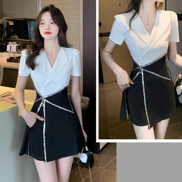 Set áo phối váy cổ vest